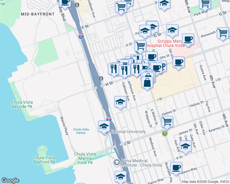 map of restaurants, bars, coffee shops, grocery stores, and more near 708 H Street in Chula Vista