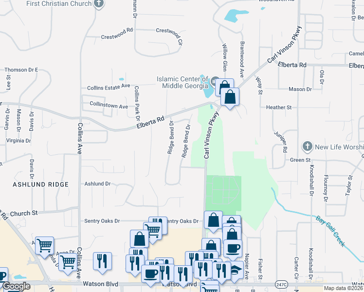 map of restaurants, bars, coffee shops, grocery stores, and more near 119 Ridgebend Drive in Centerville