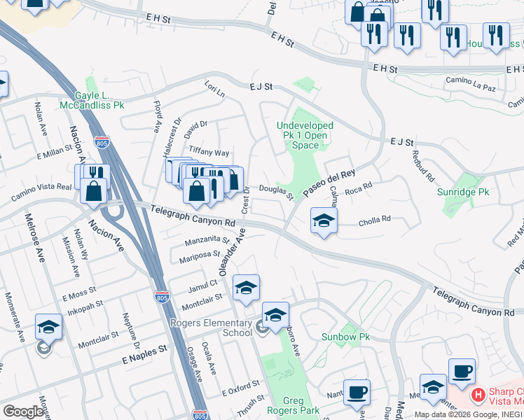 map of restaurants, bars, coffee shops, grocery stores, and more near in Chula Vista