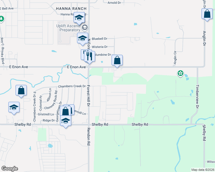 map of restaurants, bars, coffee shops, grocery stores, and more near 8305-8441 Forest Hill Drive in Fort Worth