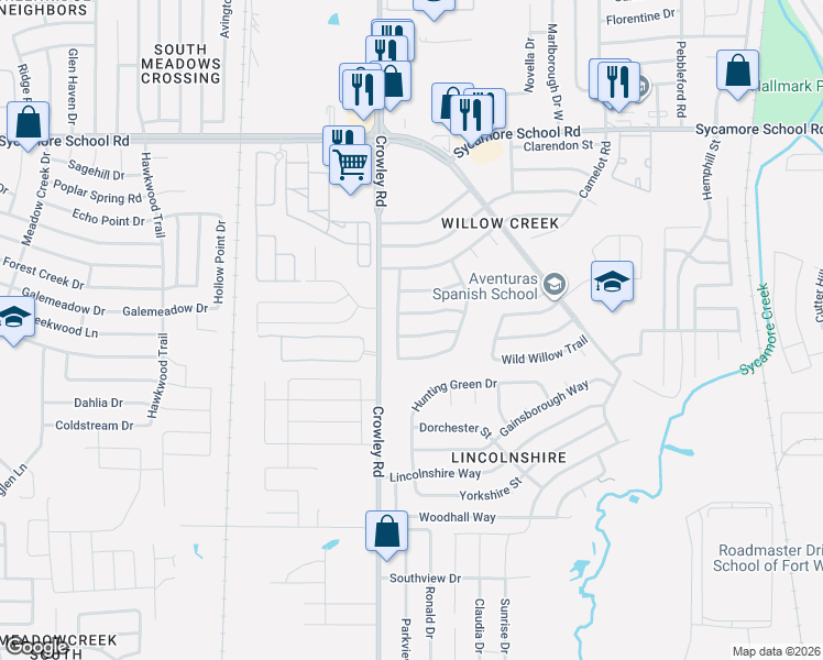 map of restaurants, bars, coffee shops, grocery stores, and more near 1864 Kings Canyon Circle in Fort Worth