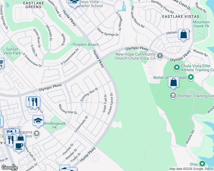 map of restaurants, bars, coffee shops, grocery stores, and more near 1582 Picket Fence Drive in Chula Vista