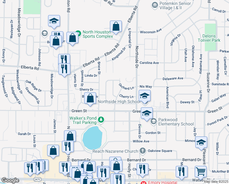 map of restaurants, bars, coffee shops, grocery stores, and more near 104 Mockingbird Lane in Warner Robins