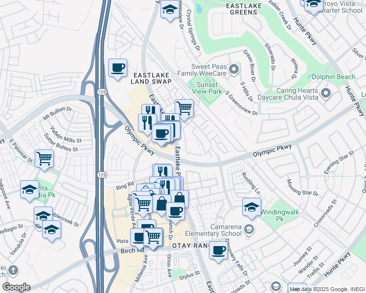 map of restaurants, bars, coffee shops, grocery stores, and more near 1482 Caminito Sicilia in Chula Vista