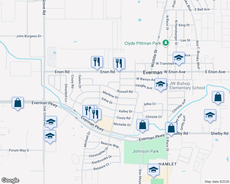 map of restaurants, bars, coffee shops, grocery stores, and more near 904 Marlene Drive in Fort Worth