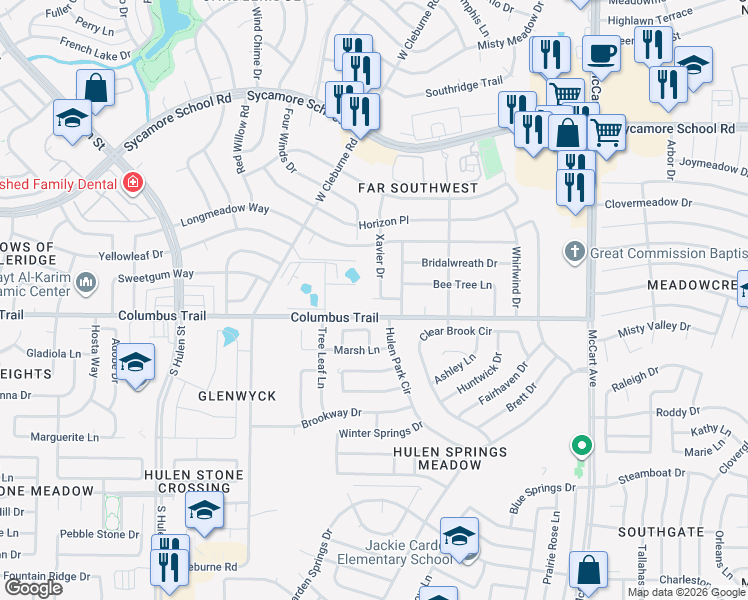 map of restaurants, bars, coffee shops, grocery stores, and more near 7812 Xavier Drive in Fort Worth
