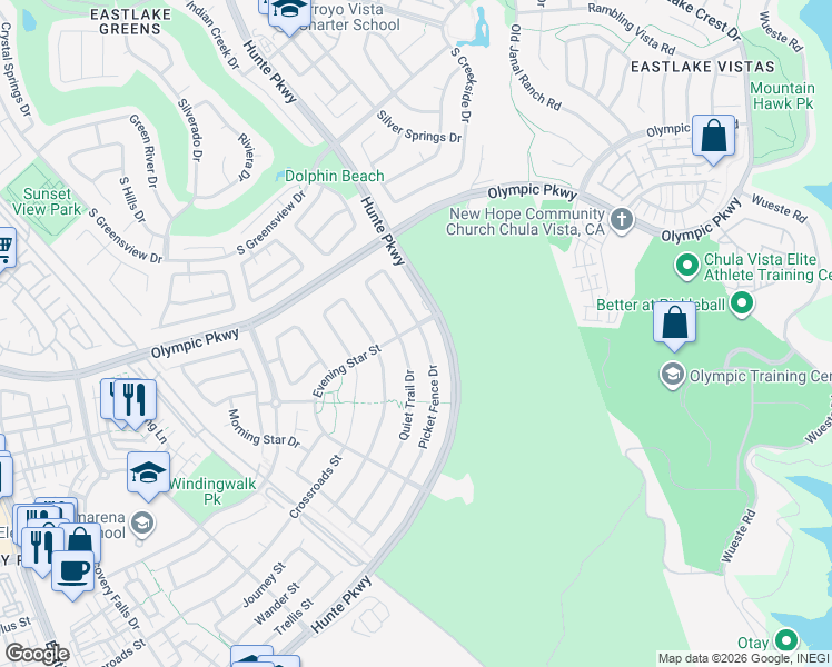 map of restaurants, bars, coffee shops, grocery stores, and more near 1582 Picket Fence Drive in Chula Vista