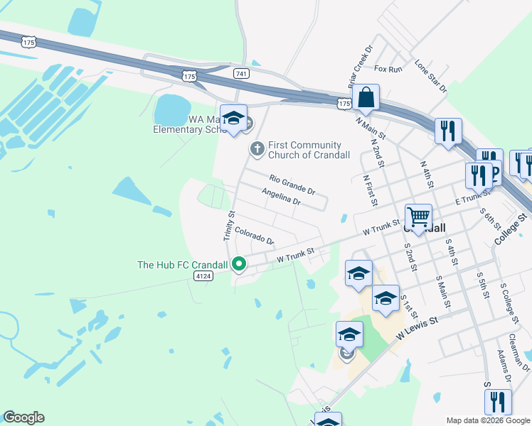 map of restaurants, bars, coffee shops, grocery stores, and more near 427 Colorado Drive in Crandall