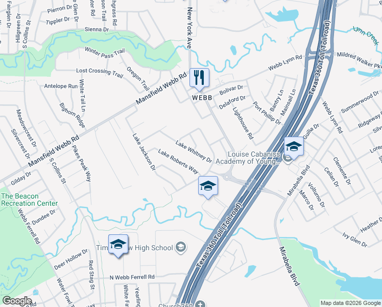 map of restaurants, bars, coffee shops, grocery stores, and more near 7110 Lake Whitney Drive in Arlington