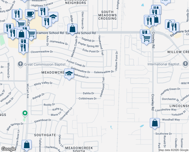 map of restaurants, bars, coffee shops, grocery stores, and more near 2540 Country Creek Lane in Fort Worth