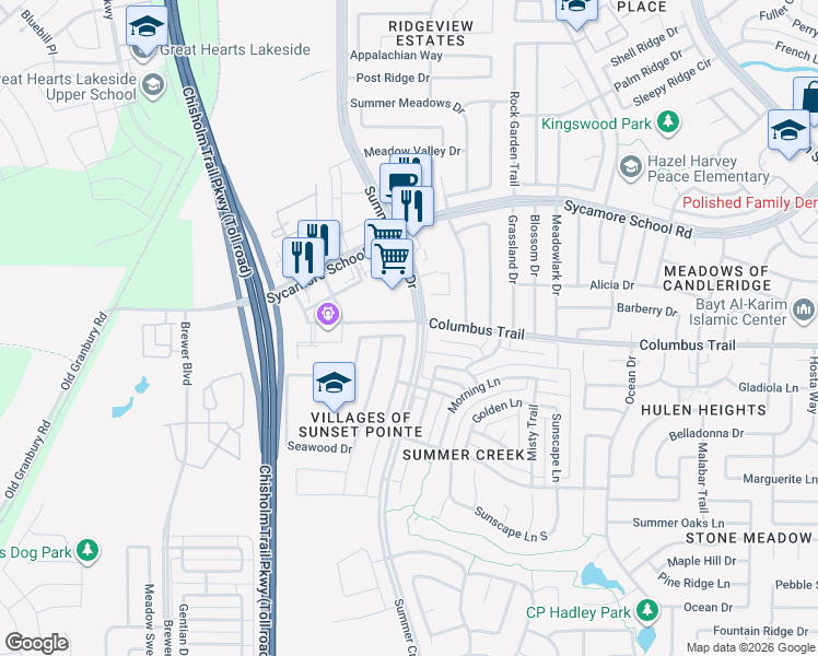 map of restaurants, bars, coffee shops, grocery stores, and more near 7913 Branch Hollow Trail in Fort Worth