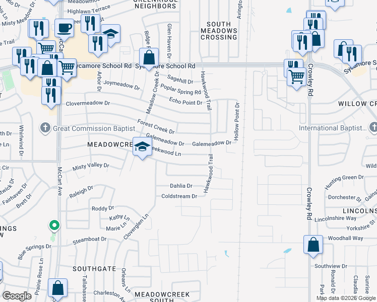 map of restaurants, bars, coffee shops, grocery stores, and more near 2536 Creekwood Lane in Fort Worth