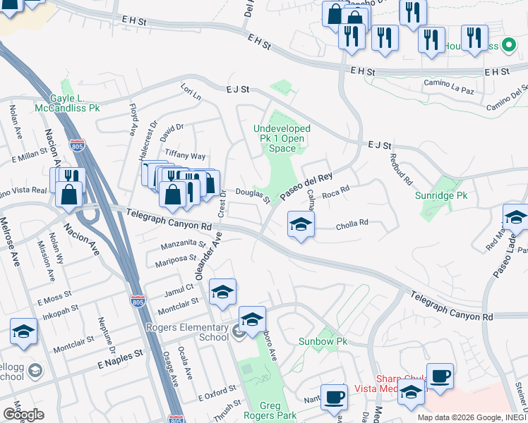 map of restaurants, bars, coffee shops, grocery stores, and more near in Chula Vista