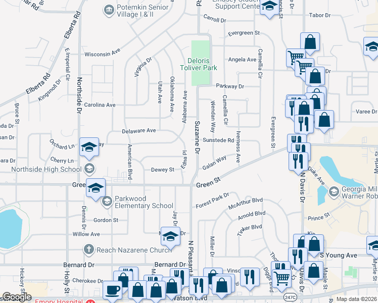 map of restaurants, bars, coffee shops, grocery stores, and more near 141-199 Suzanne Drive in Warner Robins