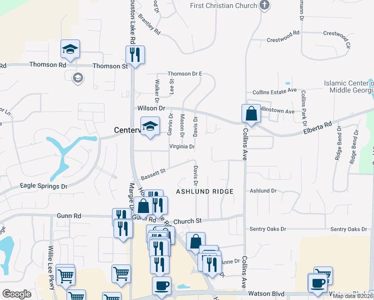 map of restaurants, bars, coffee shops, grocery stores, and more near 213 Bassett Street in Centerville