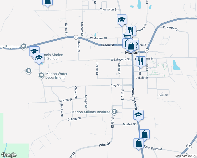map of restaurants, bars, coffee shops, grocery stores, and more near 300-418 Clay Street in Marion