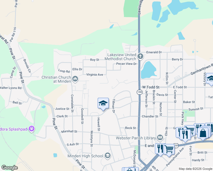map of restaurants, bars, coffee shops, grocery stores, and more near 204 Mary Drive in Minden