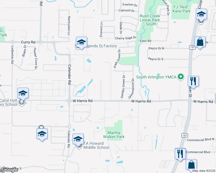 map of restaurants, bars, coffee shops, grocery stores, and more near 2401 West Harris Road in Arlington