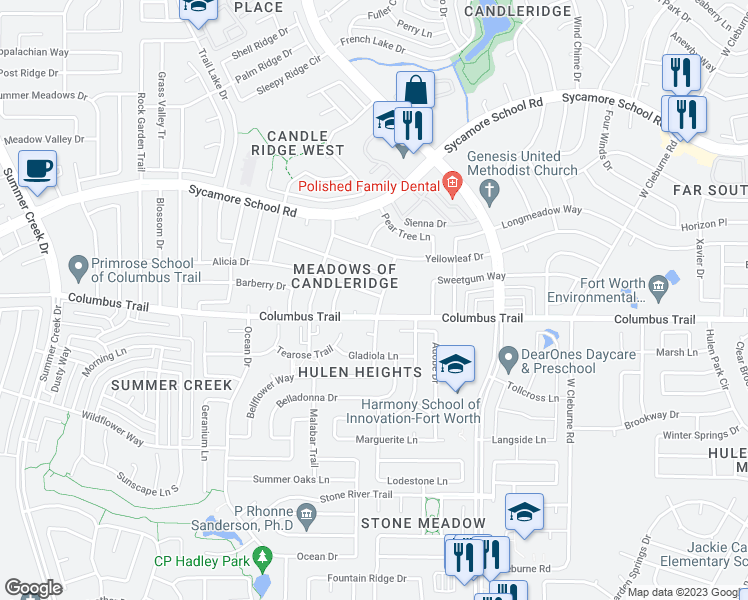map of restaurants, bars, coffee shops, grocery stores, and more near 7816 Songbird Lane in Fort Worth