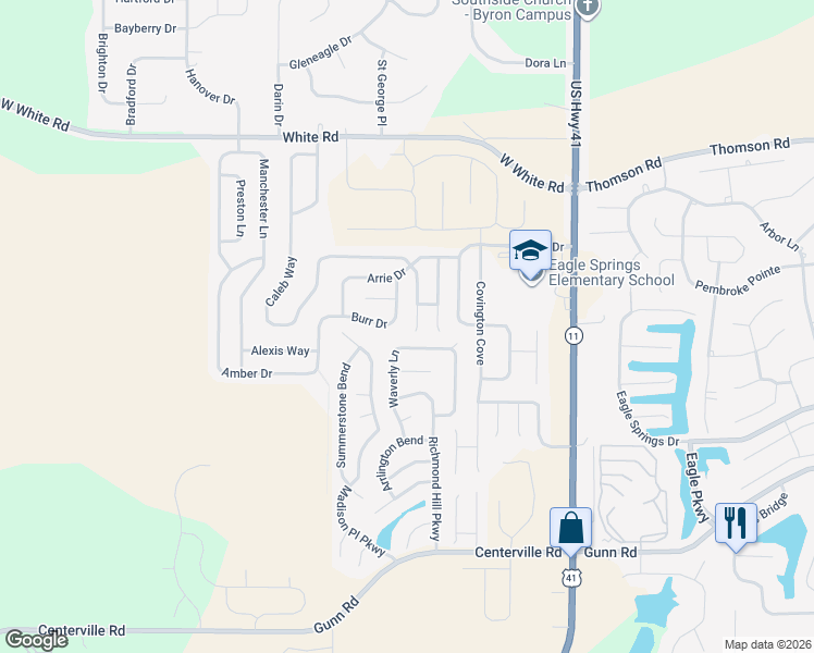 map of restaurants, bars, coffee shops, grocery stores, and more near 314 Waverly Lane in Byron