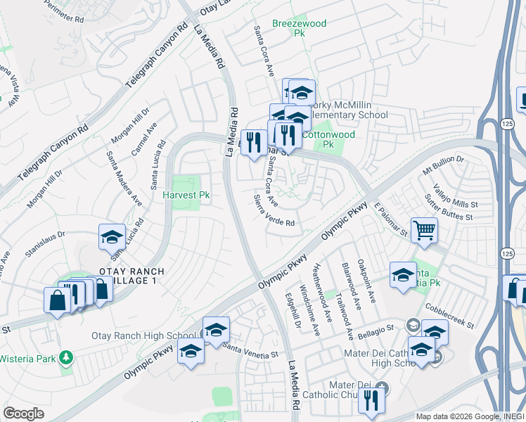 map of restaurants, bars, coffee shops, grocery stores, and more near Sierra Verde Rd & Ridge Rock Ct in Chula Vista