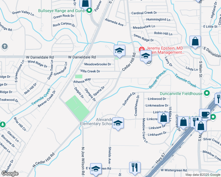 map of restaurants, bars, coffee shops, grocery stores, and more near 1611 Cedar Hill Road in Duncanville