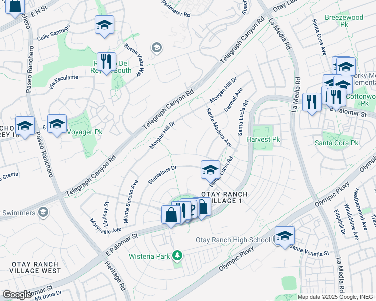 map of restaurants, bars, coffee shops, grocery stores, and more near 1231 Newcastle Court in Chula Vista