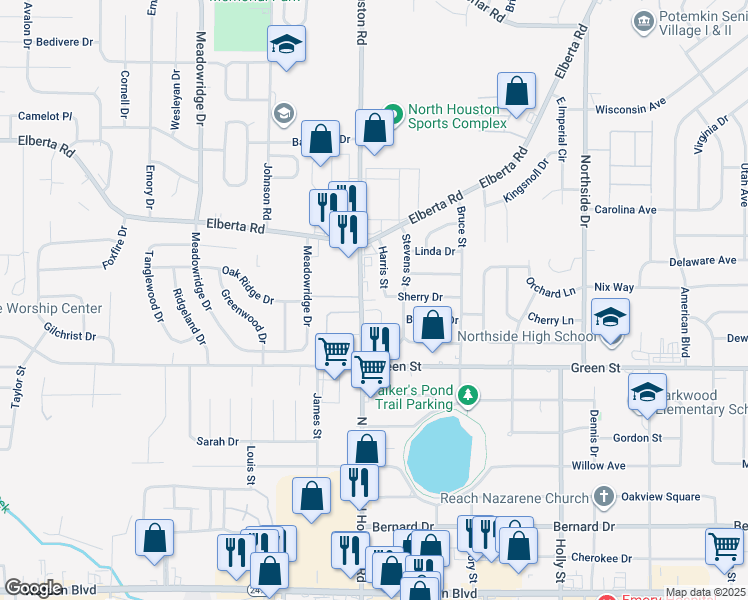 map of restaurants, bars, coffee shops, grocery stores, and more near 724 North Houston Road in Warner Robins