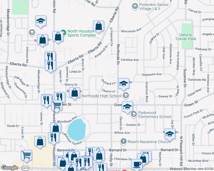 map of restaurants, bars, coffee shops, grocery stores, and more near 324 Orchard Lane in Warner Robins
