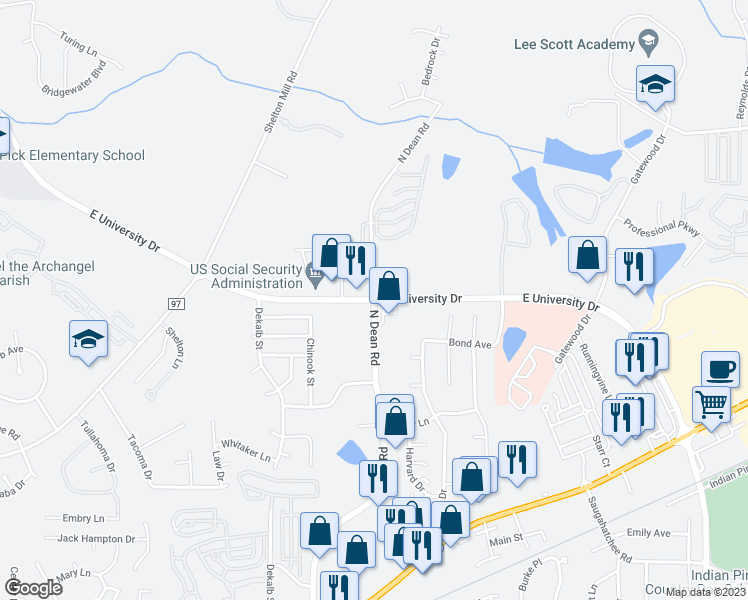 map of restaurants, bars, coffee shops, grocery stores, and more near E University Dr & N Dean Rd in Auburn