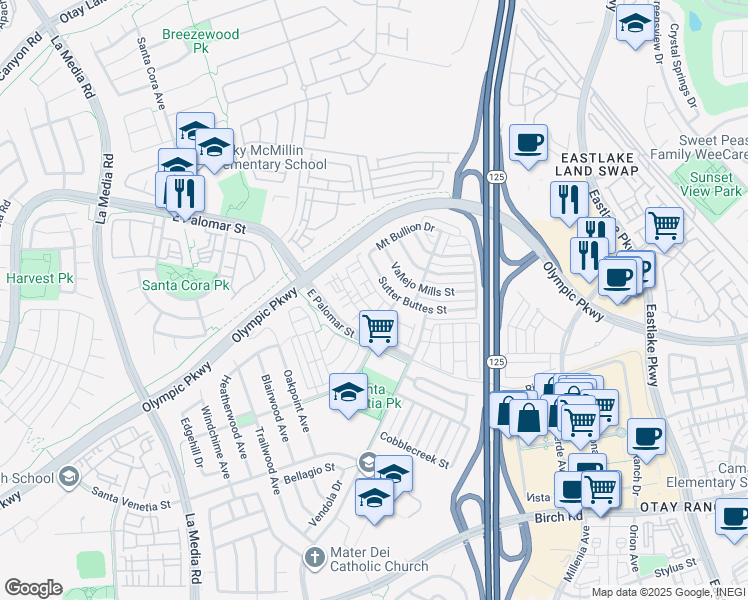 map of restaurants, bars, coffee shops, grocery stores, and more near 1359 Sutter Buttes Street in Chula Vista