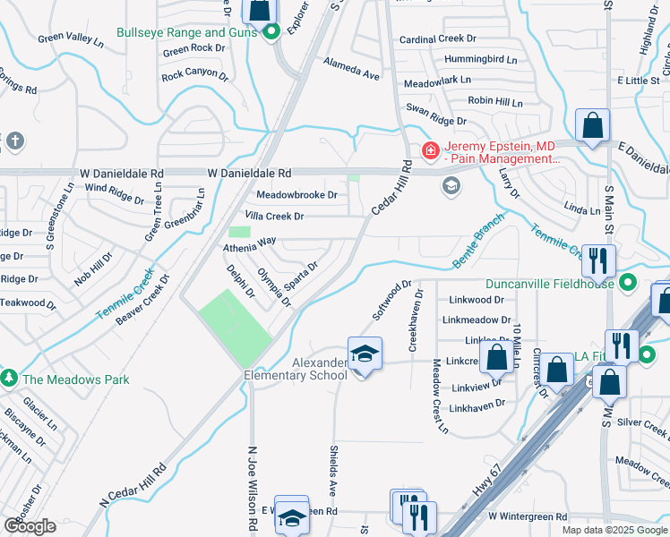 map of restaurants, bars, coffee shops, grocery stores, and more near 1611 Cedar Hill Road in Duncanville