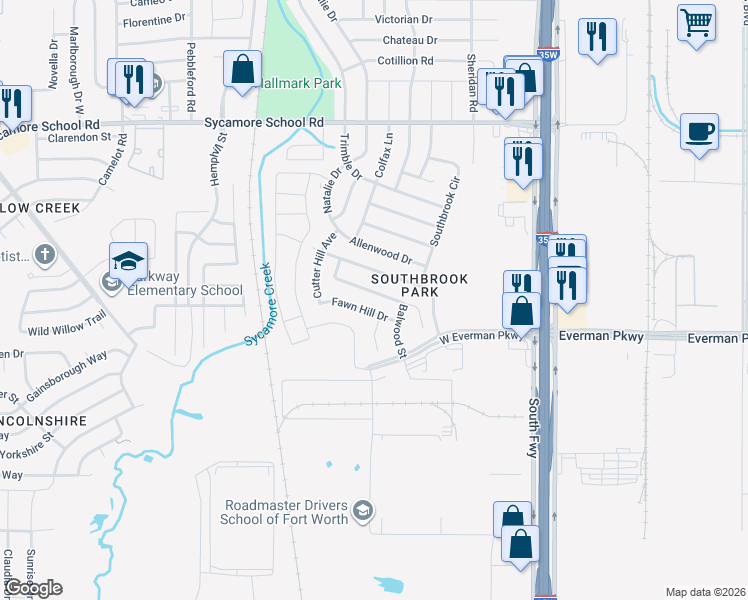 map of restaurants, bars, coffee shops, grocery stores, and more near 340 Dakota Ridge Drive in Fort Worth