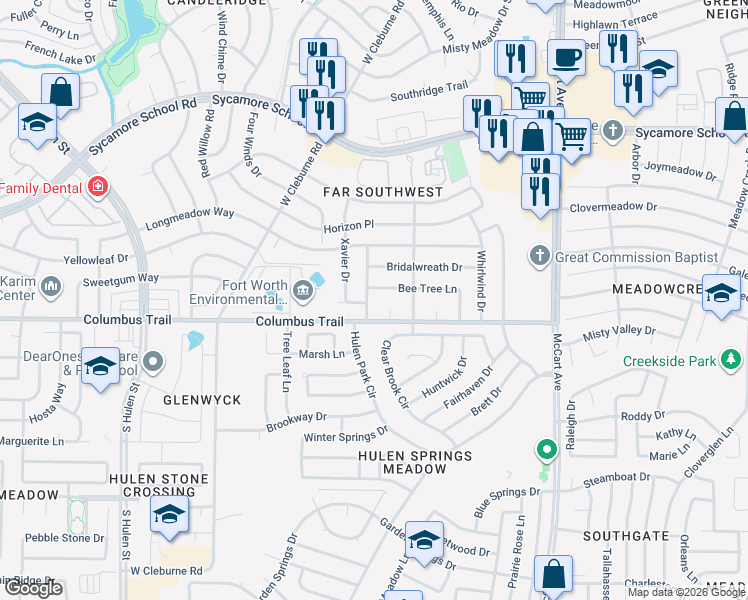 map of restaurants, bars, coffee shops, grocery stores, and more near 3816 Bee Tree Lane in Fort Worth