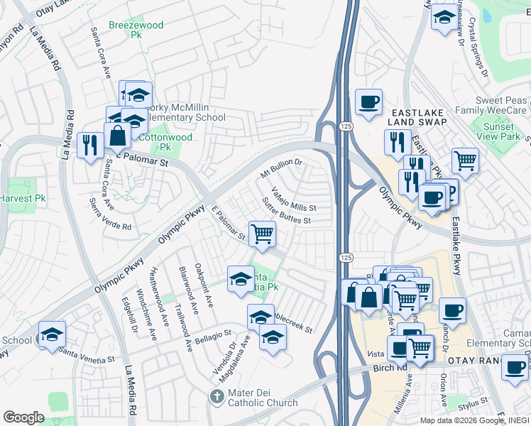 map of restaurants, bars, coffee shops, grocery stores, and more near 1359 Sutter Buttes Street in Chula Vista