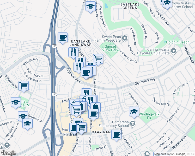 map of restaurants, bars, coffee shops, grocery stores, and more near 1476 Caminito Sicilia in Chula Vista