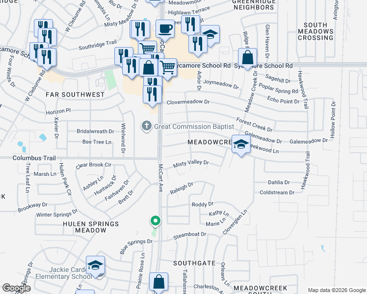 map of restaurants, bars, coffee shops, grocery stores, and more near 3313 Creekwood Lane in Fort Worth