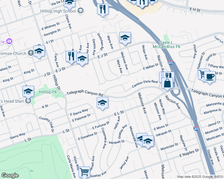 map of restaurants, bars, coffee shops, grocery stores, and more near 186 East Millan Street in Chula Vista