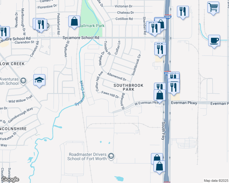 map of restaurants, bars, coffee shops, grocery stores, and more near 340 Dakota Ridge Drive in Fort Worth