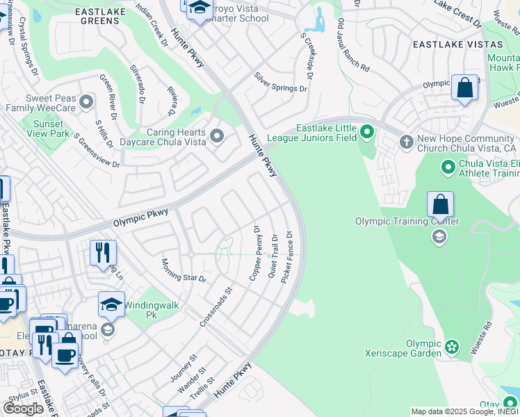 map of restaurants, bars, coffee shops, grocery stores, and more near 1570 Quiet Trail Drive in Chula Vista