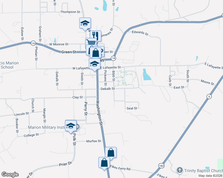 map of restaurants, bars, coffee shops, grocery stores, and more near 436-498 Bibb Street in Marion