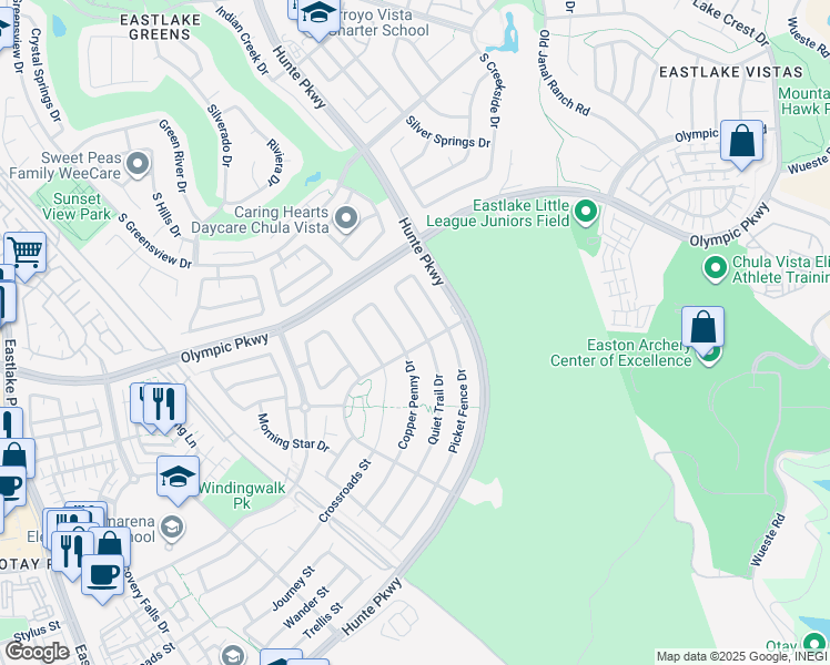map of restaurants, bars, coffee shops, grocery stores, and more near 1570 Quiet Trail Drive in Chula Vista