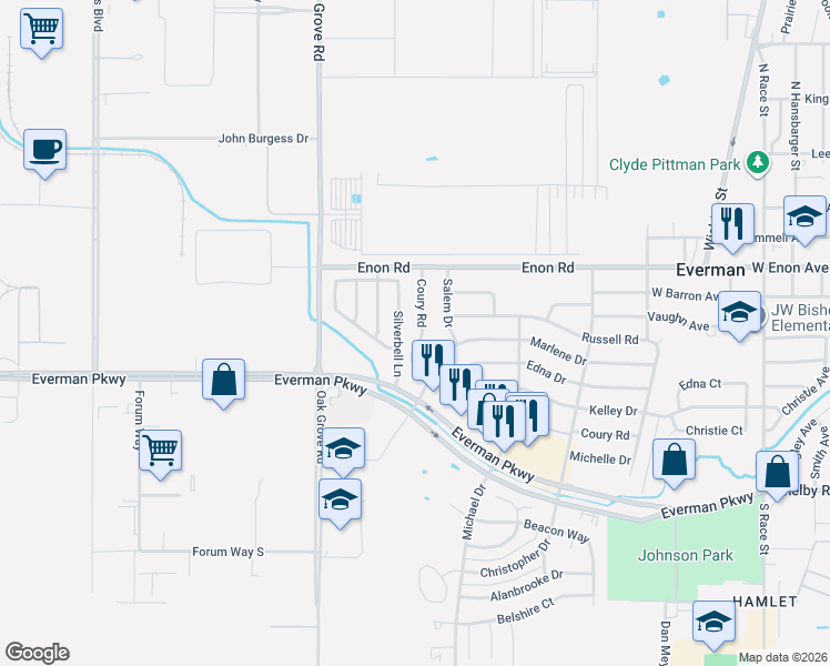 map of restaurants, bars, coffee shops, grocery stores, and more near 208 Coury Road in Everman