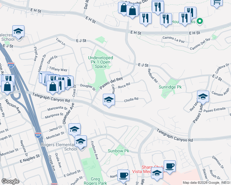map of restaurants, bars, coffee shops, grocery stores, and more near 979 Calma Drive in Chula Vista
