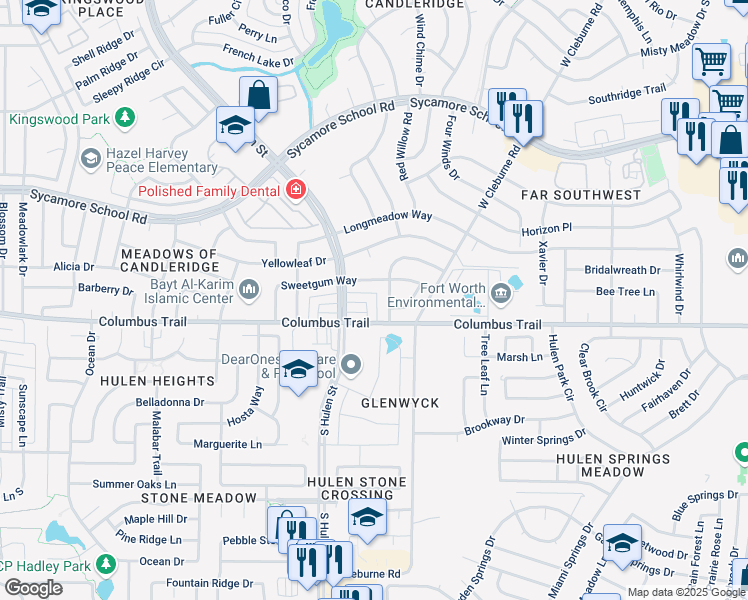 map of restaurants, bars, coffee shops, grocery stores, and more near 4309 Sweetgum Way in Fort Worth