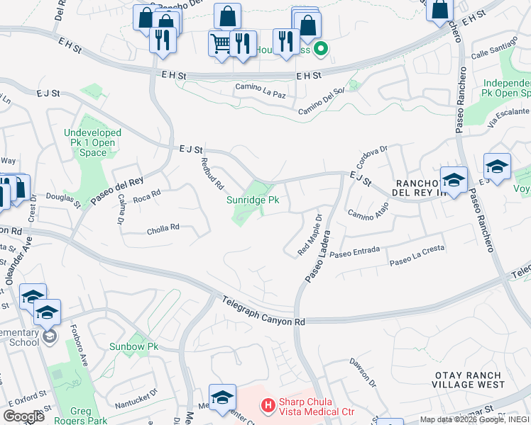 map of restaurants, bars, coffee shops, grocery stores, and more near 852 Gold Oak Court in Chula Vista