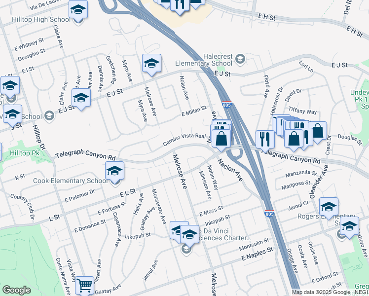 map of restaurants, bars, coffee shops, grocery stores, and more near 250 Camino Vista Real in Chula Vista