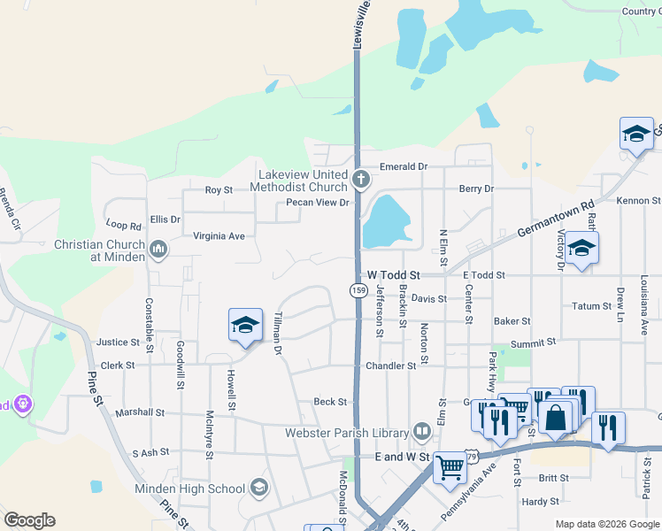map of restaurants, bars, coffee shops, grocery stores, and more near 103 Bay Creek Road in Minden