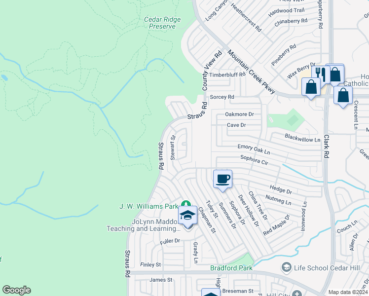 map of restaurants, bars, coffee shops, grocery stores, and more near 1721 Stafford Court in Cedar Hill