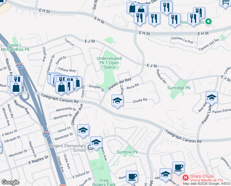 map of restaurants, bars, coffee shops, grocery stores, and more near 682 Calma Place in Chula Vista